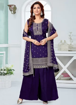 Embroidered and Zari Work Silk Salwar Suit In Blue Color