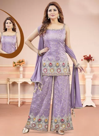 Embroidered and Zari Work Silk Salwar Suit In Lavender Colour