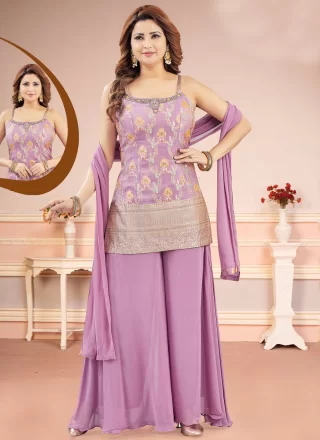 Embroidered and Zari Work Silk Salwar Suit In Lavender and Magenta