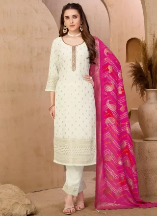 Embroidered and Zari Work Silk Salwar Suit In White Color