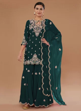 Embroidered and Zari Work Vichitra Silk Salwar Suit In Green for Festival