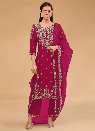 Embroidered and Zari Work Vichitra Silk Salwar Suit In Rani for Casual