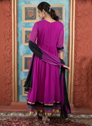 Embroidered, Fancy and Lace Work Georgette Floor Length Salwar Suit In Purple Color
