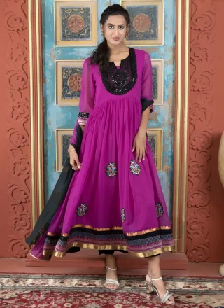 Embroidered, Fancy and Lace Work Georgette Floor Length Salwar Suit In Purple Color