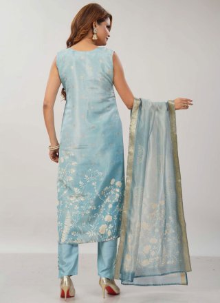 Embroidered, Fancy, Floral Patch and Zari Work Silk Salwar Suit In Aqua Blue