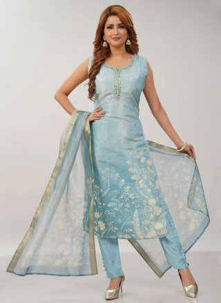 Embroidered, Fancy, Floral Patch and Zari Work Silk Salwar Suit In Aqua Blue