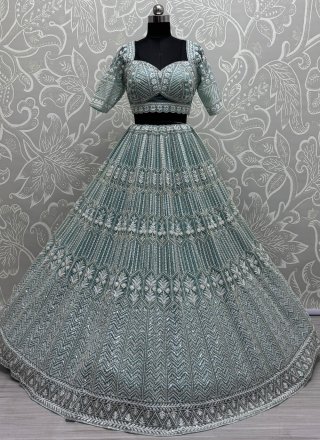 Embroidered, Fancy, Floral Patch, Hand, Moti and Sequins Work Net Readymade Lehenga Choli In Firozi Colour
