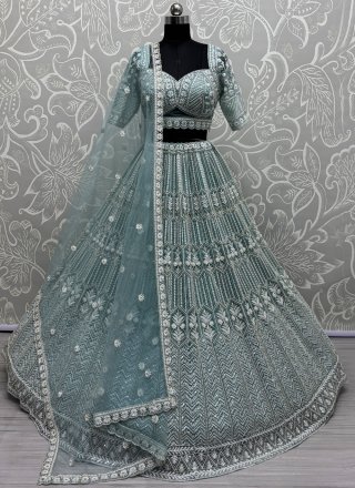 Embroidered, Fancy, Floral Patch, Hand, Moti and Sequins Work Net Readymade Lehenga Choli In Firozi Colour