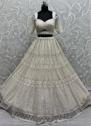 Embroidered, Fancy, Floral Patch, Hand, Moti and Sequins Work Net Readymade Lehenga Choli In Off White Colour