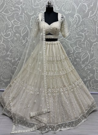 Embroidered, Fancy, Floral Patch, Hand, Moti and Sequins Work Net Readymade Lehenga Choli In Off White Colour
