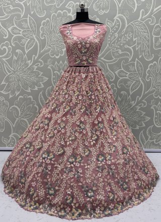 Embroidered, Fancy, Floral Patch, Multi, Sequins and Thread Work Net A - Line Lehenga Choli In Peach for Engagement
