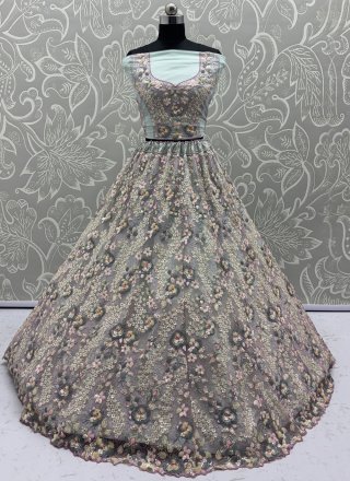 Embroidered, Fancy, Floral Patch, Multi, Sequins and Thread Work Net Lehenga Choli In Aqua Blue
