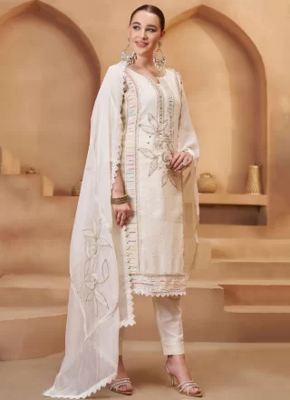 Embroidered, Fancy, Mirror and Thread Work Cotton Salwar Suit In White Colour