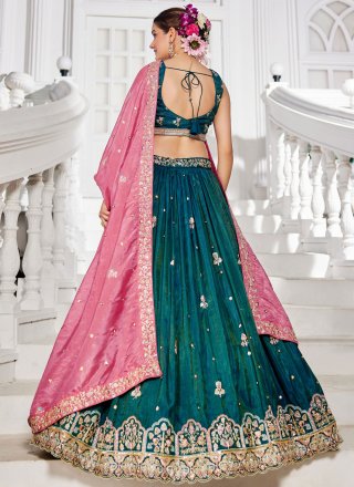 Embroidered, Fancy, Sequins and Zari Work Tissue Lehenga Choli In Green and Teal