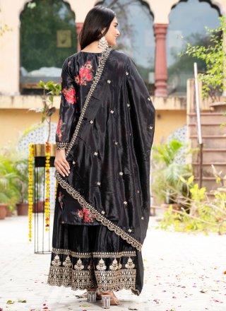 Embroidered, Floral Patch, Sequins and Zari Work Chinon Salwar Suit In Black Colour