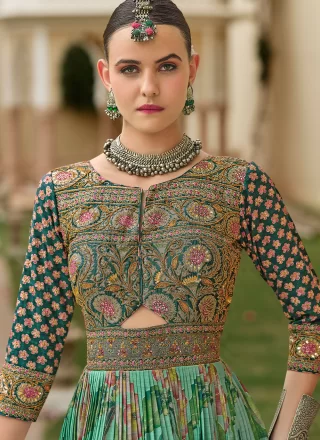 Embroidered, Foil Print, Sequins and Stone Work Silk  Designer Gown In Green