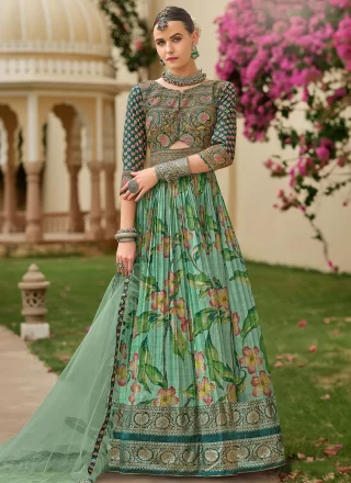 Embroidered, Foil Print, Sequins and Stone Work Silk  Designer Gown In Green