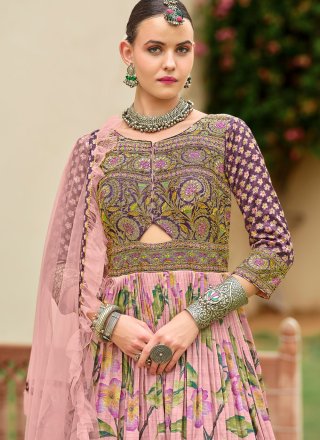 Embroidered, Foil Print, Stone, Thread and Zari Work Silk  Designer Gown In Pink