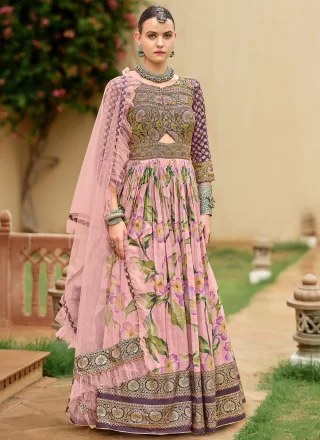 Embroidered, Foil Print, Stone, Thread and Zari Work Silk  Designer Gown In Pink