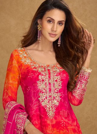 Embroidered, Gota, Mirror and Zari Work Chinon Salwar Suit In Orange and Rani Colour
