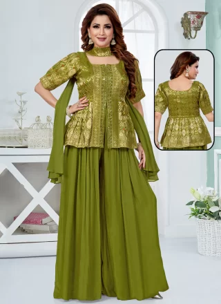 Embroidered, Jacquard and Mirror Work Silk Salwar Suit In Green for Ceremonial