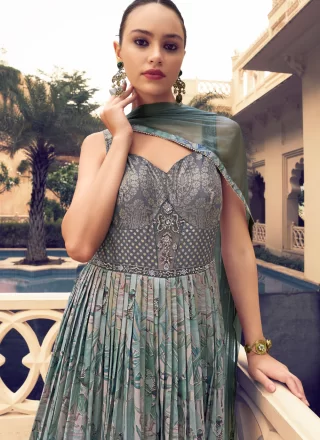 Embroidered, Jacquard and Print Work Silk Gown In Grey Color