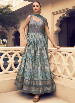 Embroidered, Jacquard and Print Work Silk Gown In Grey Color