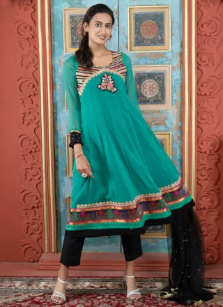 Embroidered, Jacquard, Lace and Zari Work Georgette Salwar Suit In Turquoise Color