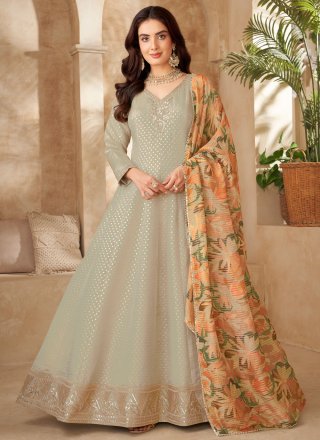 Embroidered, Jacquard, Sequins and Zari Work Silk  Designer Gown In Grey for Festival