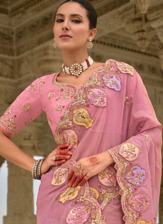 Embroidered, Khatli, Sequins, Stone, Weaving and Zari Work Jacquard Classic Saree In Pink