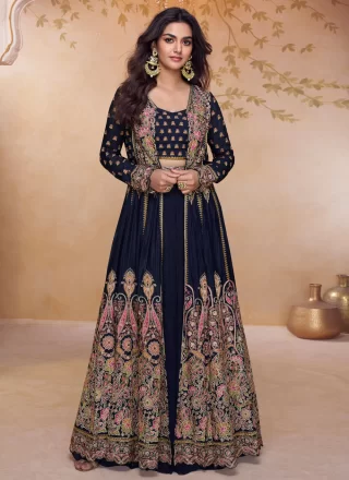 Embroidered, Lace and Stone Work Georgette Readymade Salwar Suit In Blue for Ceremonial