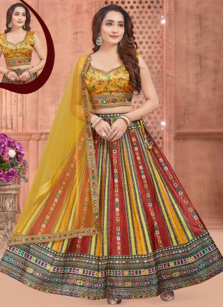 Embroidered, Lace, Mirror and Print Work Silk Readymade Lehenga Choli In Multi Colour