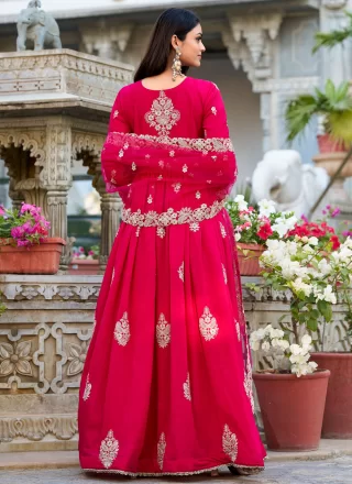 Embroidered, Lace, Sequins and Zari Work Vichitra Silk  Designer Gown In Rani