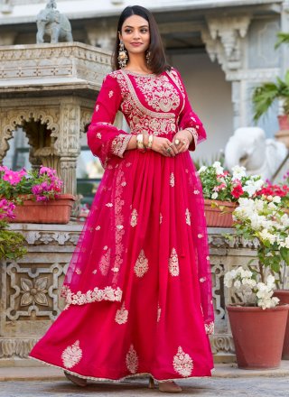 Embroidered, Lace, Sequins and Zari Work Vichitra Silk  Designer Gown In Rani