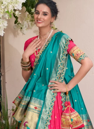Embroidered, Lace, Sequins, Thread, Weaving and Zari Work Jacquard Silk Lehenga Choli In Pink for Ceremonial
