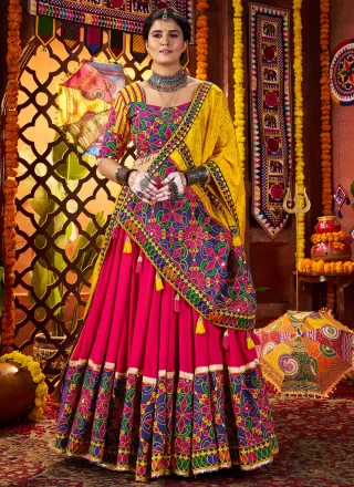 Embroidered, Mirror and Thread Work Cotton Readymade Lehenga Choli In Multi Colour