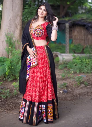 Embroidered, Mirror and Thread Work Cotton Readymade Lehenga Choli In Red