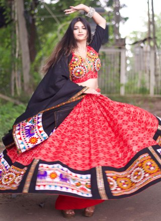 Embroidered, Mirror and Thread Work Cotton Readymade Lehenga Choli In Red