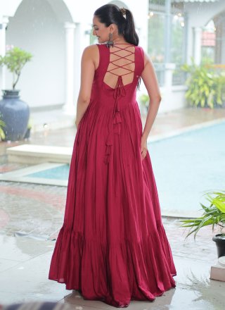Embroidered, Mirror and Thread Work Rayon Designer Gown In Maroon for Ceremonial