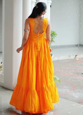 Embroidered, Mirror and Thread Work Rayon Gown In Yellow Color