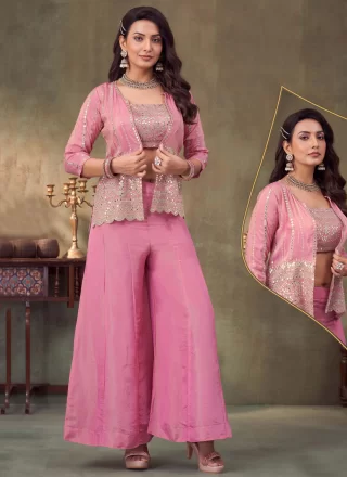 Embroidered, Mirror and Zari Work Georgette Salwar Suit In Pink Color