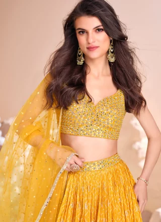 Embroidered, Mirror and Zari Work Jacquard Silk Readymade Lehenga Choli In Yellow