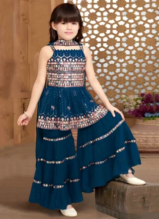 Embroidered, Mirror and Zari Work Pure Crepe Readymade Salwar Suit In Blue