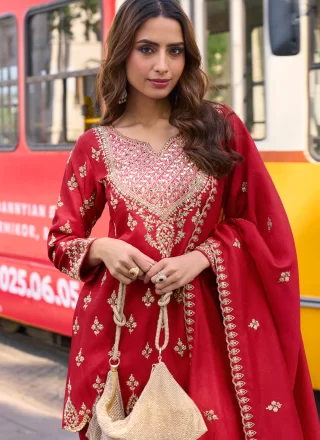 Embroidered, Mirror and Zari Work Shimmer Readymade Salwar Suit In Red Colour