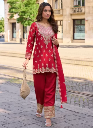 Embroidered, Mirror and Zari Work Shimmer Readymade Salwar Suit In Red Colour