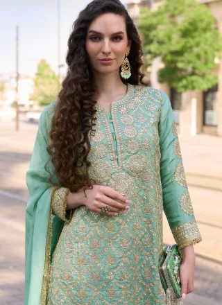 Embroidered, Mirror and Zari Work Shimmer Salwar Suit In Green for Ceremonial