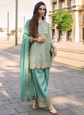 Embroidered, Mirror and Zari Work Shimmer Salwar Suit In Green for Ceremonial