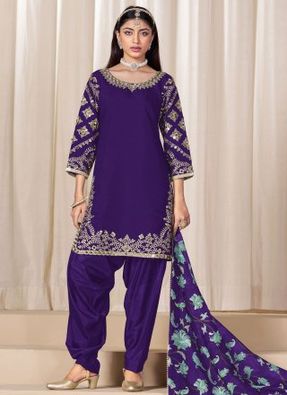 Embroidered, Mirror and Zari Work Silk Salwar Suit In Purple Color