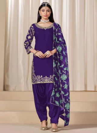 Embroidered, Mirror and Zari Work Silk Salwar Suit In Purple Color