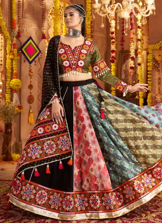 Embroidered, Mirror, Print and Thread Work Rayon Readymade Lehenga Choli In Multi Colour